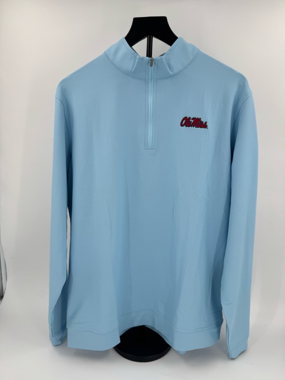 SIP EMBROIDERED SLEEVE! Peter Millar Ole Miss Powder Birdseye 1/4-Zip!  L - NWT - Picture 2 of 7